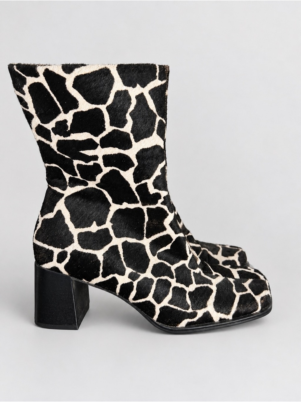 FRANCO SARTO Pony Hair Giraffe Print Leather Ankle Boots Heels Size 7 Black